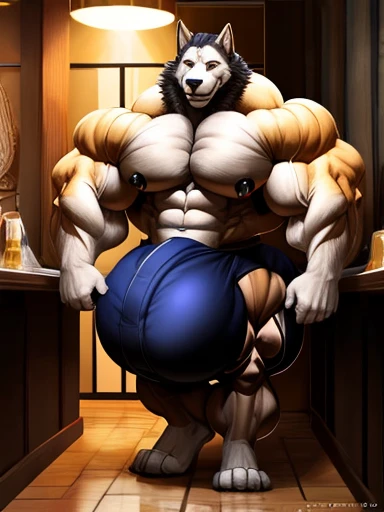 4k, high resolution, best quality, perfect lightning, perfect shadows, solo, anthro, young, boy, wolf, furry body, (fluffy mane:1.2), fluffy tail, male, adult, (bulky, thick muscles, huge muscles, hyper muscles:2.0), (thick biceps, veiny biceps, big broad veiny pecs, broad shoulders:1.1), (thick legs, thick calves:1.1), (digitigrade legs, 4 toes:1.2), (huge bulge, hyper bulge:2.0), perfect colors, (photorealistic fur, detailed fur, epic, masterpiece), (suggestive posing:1.2), (seductive smile, lustful grin 1.3), detailed modern bar, (black leather jacket, open jacket, tie, black shorts), detailed wolf eyes, by k0suna, by darkgem,nipple ring