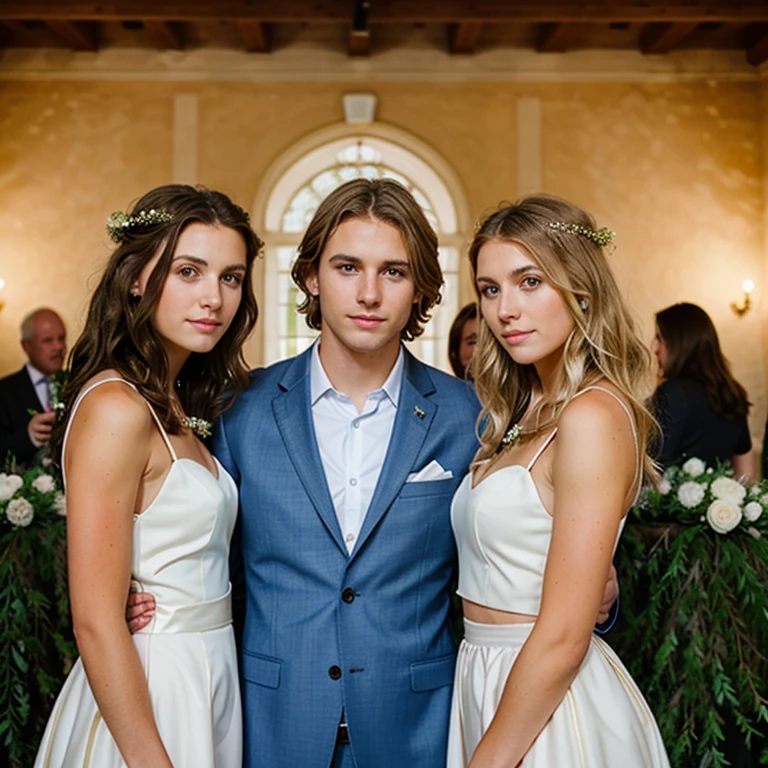 three people together, man in the middle, blonde in the right side, brunette in the left side, wedding background