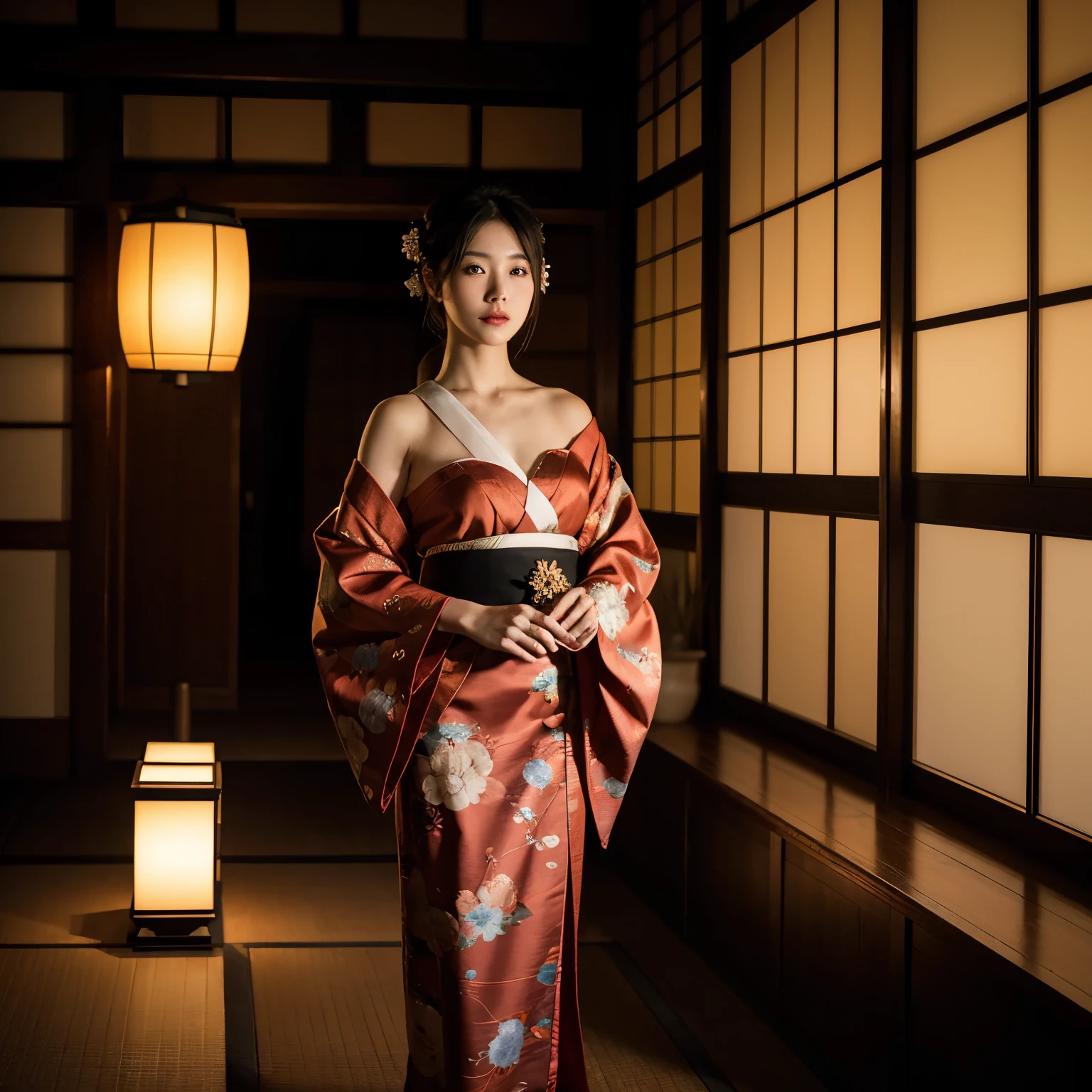 8k Uhd, Dslr,Film Grain, Fujifilm XT3,(Best Quality:1.3), (Masterpiece:1.1), High Resolution, Cinematic Light, Intricate Details, (Photorealistic) (night scene)create a realistic backlight dramatic red tone light photography beautiful japanese geisha girl, ((facial texture pore detail)), feudal edogawa era, wearing satin kimono with japanese traditional motif, open shoulder, full body colourful dragon tattoo, holding traditional folding fan, inside japan traditional villa, 8K