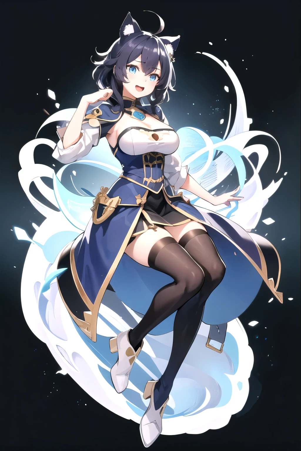 ,((upright)), ((arm at side)), looking at the viewer, simple background、white background, 1 girl, open your mouth, smile, Virtual YouTuber、with a girl、((highest quality, expensive_solve, clear_image)),(black hair), (black cat ears), (Ahoge), (ridiculously short hair), (wavy hair), (blue eyes),、laughter、very big breasts、whole body、Draw to the toes、I put boots on my feet、cleavage visible、dressed in military uniform、Reference sheet、((show viewer))。