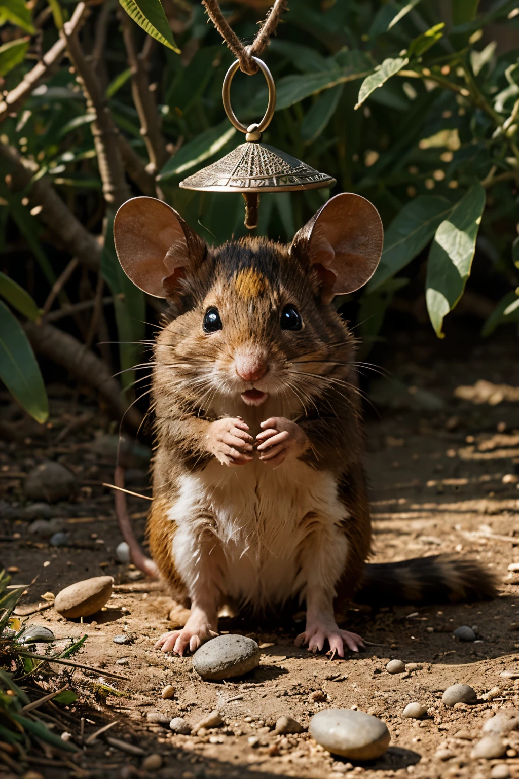 And the lord of creation called out to his meekest creation the diminutive field mouse and said "Go out and strike the mighty gong of the world with all your might, and the field mouse did as he was commanded and crept out of his safe hiding hole along his way to his favorite seed feeding grounds he crept up to the nearest fruiting bush nibbled on a group of seeds one of which fell to the ground with the slightest tremor upon a small oddly shaped pebble and started the mightiest roar of existence and sound from that worldly bell.