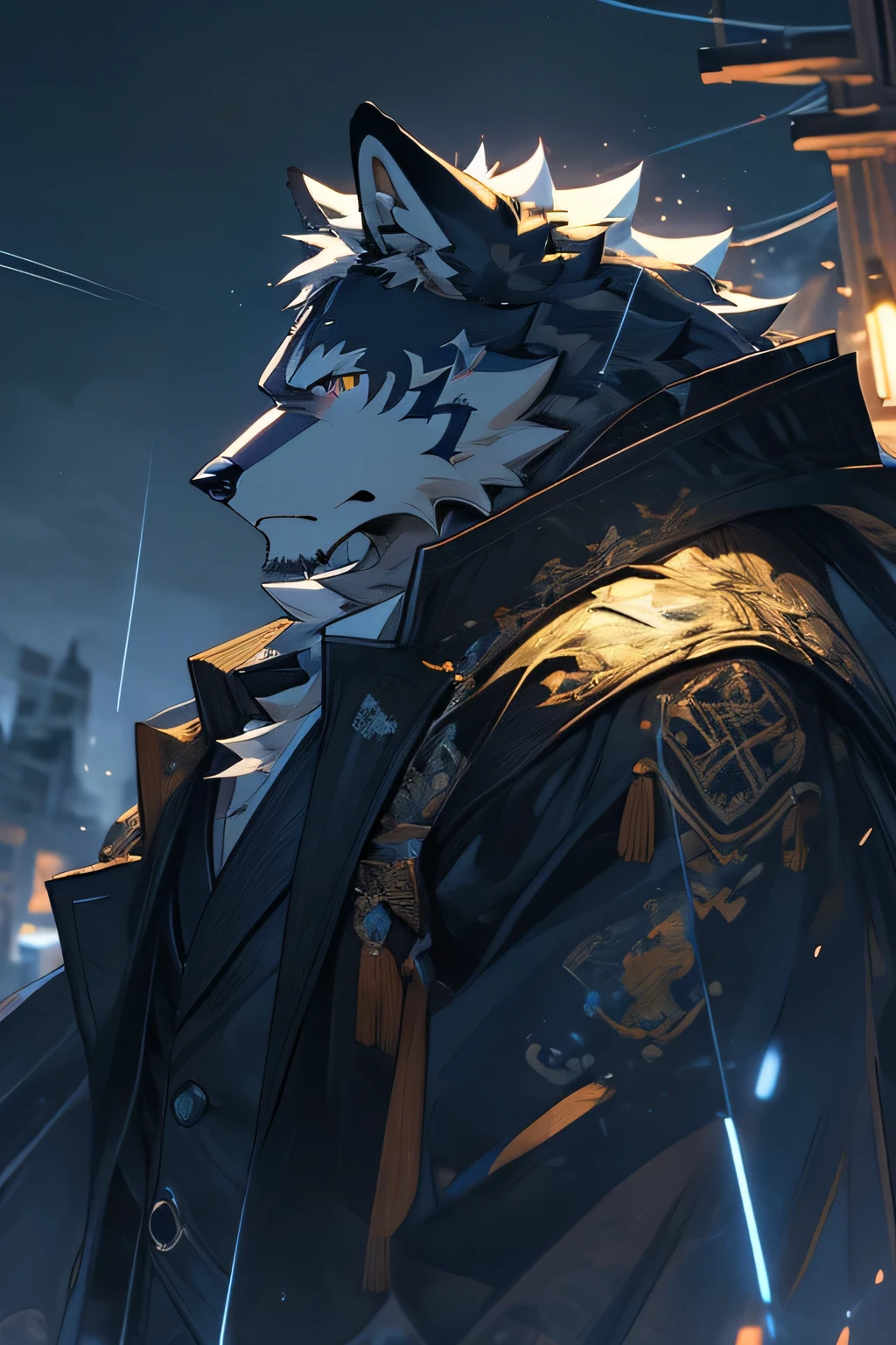 ((best quality)), ((masterpiece)), (detailed), perfect face,alone,Kanno,night,fantasy,rainy,thunder,white fur,golden stripes,human white wolf.Wear a suit, Holding a thick code in his hand.golden eyes,bust,Slightly look up at the sky