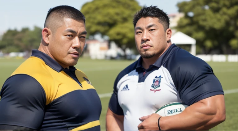 (wearing rugby uniform:1.4), (at rugby ground:1.2), 40's, Japanese man, Chinese man, Korean man, Taiwanese man, manly face, fat face, (round face:1.4), (monolid eyes:1.2), (buzz cut:1.4), very large and strong body, bulky body, beefy muscles, (bulging muscles:1.4), (very large pectoral muscles:1.4), (muscular arms:1.4), muscular abs, muscular legs, muscular back, brightens oily skin, master piece, (realistic:1.4), panorama, distant view