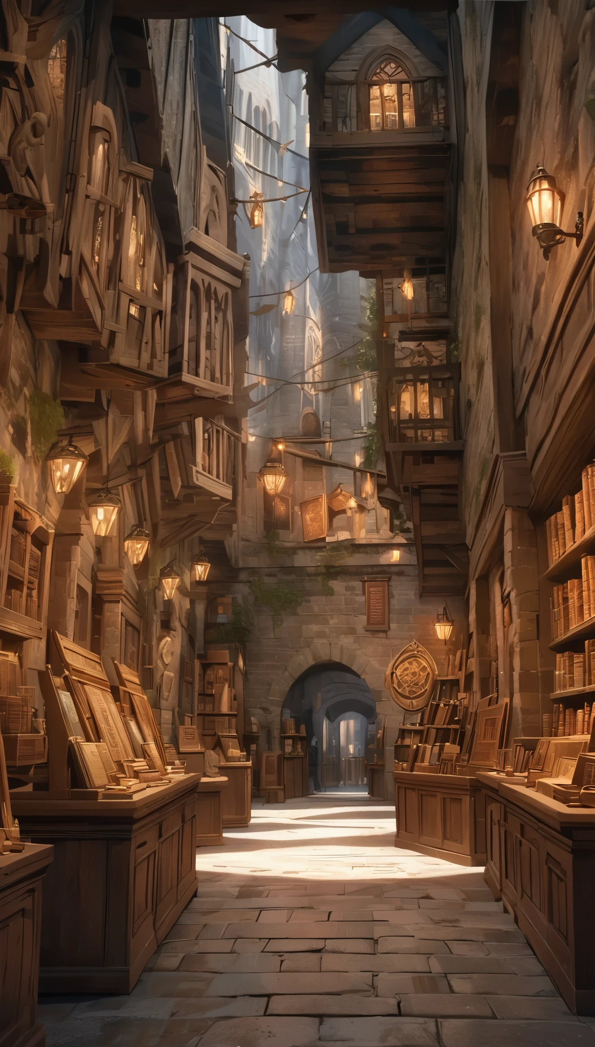 Historical background magic shop, Front view, harry potter, diagonal alley, exhibit, textured, Maximum details, shield plate, nobody, best quality, masterpiece, magic holy water, mythical creatures