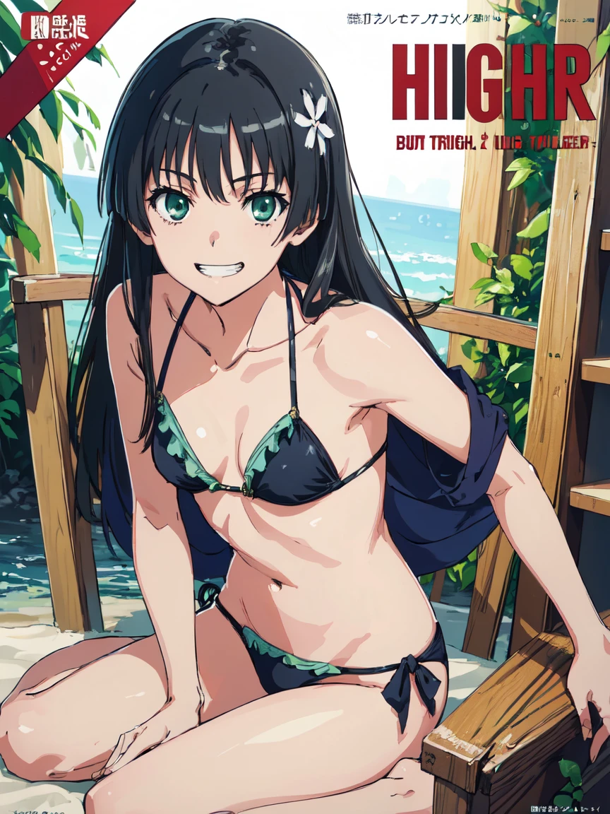 hustlercover, (High resolution:1.4), (masutepiece:1.2), (High quality:1.3) 1girl, saten ruiko, green eyes, long hair, black hair, small breast, bikini, grin