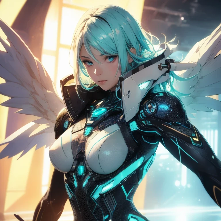 Lutando com espada, mulher com rabo de cavalo, cabelo escuros, mulher de olhos verdes, cybernetic headwear, efeitos luminosos azuis e branco na roupa, roupa colante, espada luminosa, face de elfo, mulher de cabelos escuros com 18 anos, cyberpunk, deserto, sol, iluminando armadura de anjo, vista de costas, mostrando a bunda