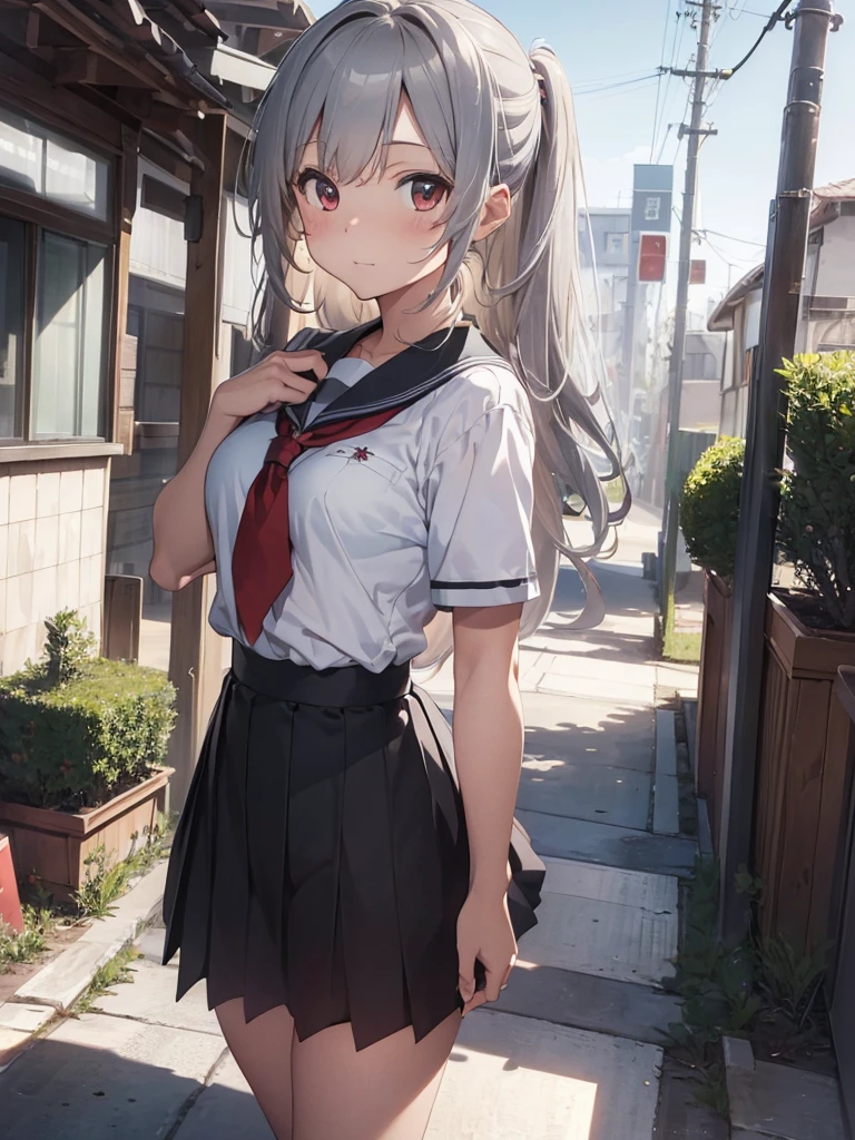 ((masterpiece)), ((best quality)), ((high resolution)), ((Extremely detailed CG unified 8k wallpaper)), alone, Tachibana, tan school uniform, black skirt, white socks, outdoor, Face, cover hair, beach, parted hair, silver hair