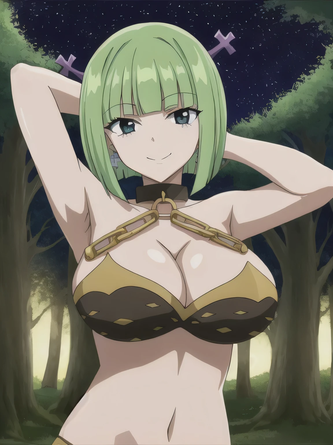 brandish, 1girl, solo, looking at viewer, cleavage, upper body, collar, chain,  anime coloring, smile, solo, upper body, night sky, forest, arms behind head, contrapposto, spread armpits, closed mouth, thighs,