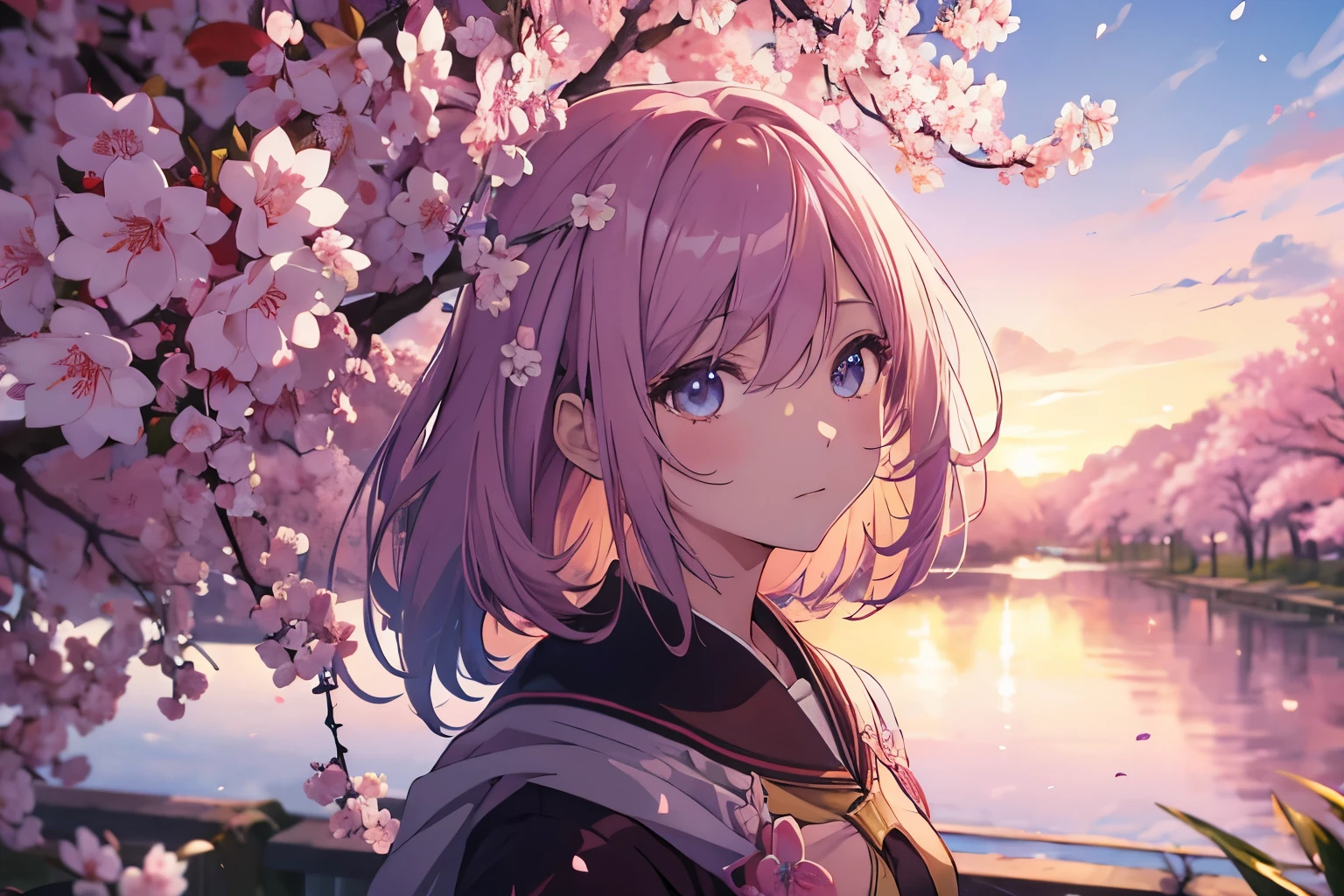 anime scenery with cherry blossoms and a large screen in the background, anime background, Beautiful peace scene in anime, anime background art, Dynamic lighting during cherry blossom season, colorful anime movie background, beautiful anime scene, anime movie background, beautiful anime scenery, anime scenery, Scattering cherry blossoms, アニメアートwallpaper 8 k, sakura season, アニメwallpaper4k, アニメのwallpaper 4 k (surreal), (8K), (very detailed), (best illustrations), (detailed and beautiful eyes), (highest quality), (Super detailed), (masterpiece), (wallpaper), (detailed face), alone, 1 girl,