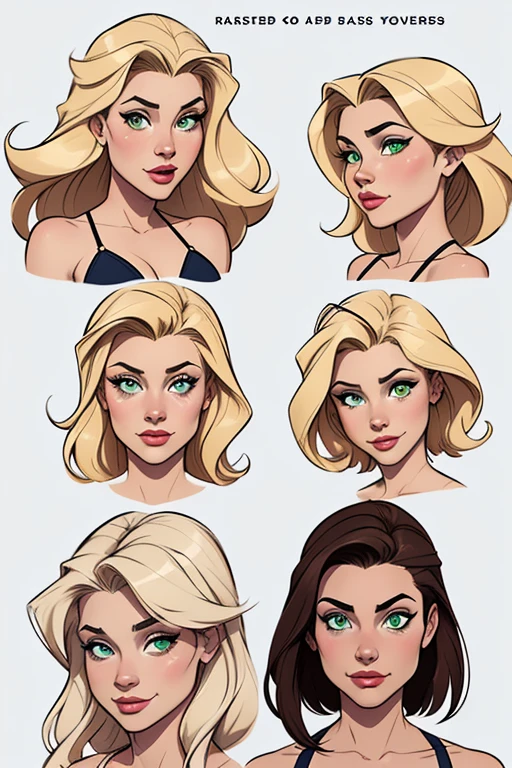 Turnaround sheet Imagem de desenho animado de uma mulher .cartoon style illustration, estilo de arte dos desenhos animados, estilo de arte dos desenhos animados, digital illustration style, design de personagens altamente detalhado, arte digital detalhada fofa, City fan art, Design de personagens de retrato, beautiful digital illustration, retrato de alta qualidade, Arte em quadrinhos, mulher jovem. Green eyes Average and wonderful bust three too many spies Cloe is brunette Sam is a redhead and Alex is a beach-toned blonde Mark in a bikini