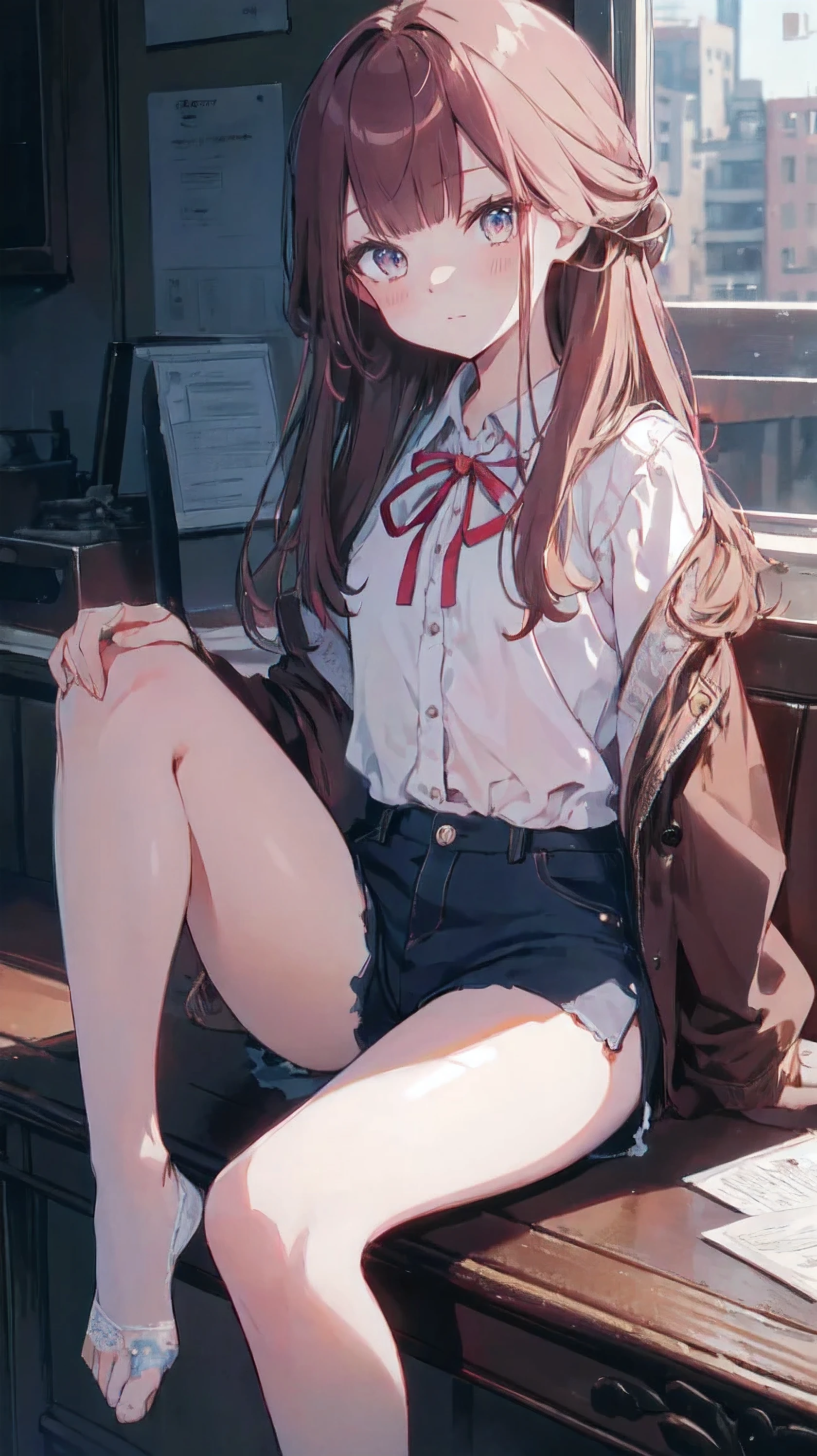 master piece、Highest image quality、highest quality、 ((panic))、glossy hair quality、small face、sitting、Super detailed and beautiful bright eyes、Super detailed clear and beautiful face、(cute illustration:1.2), High-resolution, ultra-detailed, best quality, embarrassed、(Gaps in shorts).(Cute underwear that can be seen at a glance)