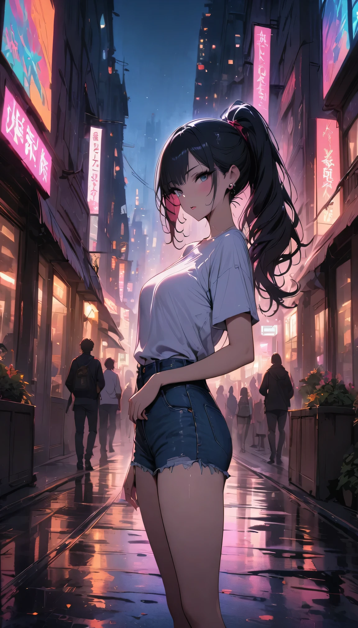 top quality, masterpiece, ultra high definition, (Evening Street), 1 girl, black eyes, looking at the audience, long hair, Light makeup, lips, Small ears, White T-shirt, Denim shorts, earrings, Slim, Neat, ponytail