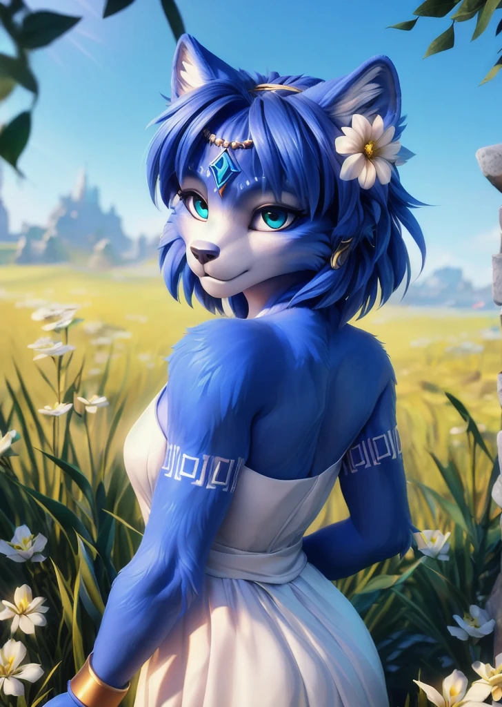 (by Frevilisk, by John Doe \(artist\), by Clockbirds, by Fumiko),
solo female chibi (((krystal))), (golden wristband, white dress:1.25),
(three-quarter view, three-quarter portrait, looking at viewer:1.25),
(grassland, legend of zelda:1.3), (, sunny day, sky, plant, white flower, light beam),
BREAK,
(detailed background, depth of field, shadow, sunlight, ambient light on the body, backlighting), masterpiece, best quality, ultra realistic, 4k, 2k, (high detail:1.15),
(3d \(artwork\):1.2), blender \(software\), soft focus,
ray tracing, (unreal engine:1.3), absurd res
