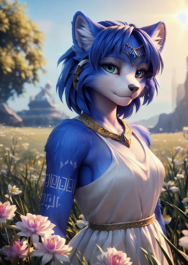 (by Frevilisk, by John Doe \(artist\), by Clockbirds, by Fumiko),
solo female chibi (((krystal))), (golden wristband, white dress:1.25),
(three-quarter view, three-quarter portrait, looking at viewer:1.25),
(grassland, legend of zelda:1.3), (, sunny day, sky, plant, white flower, light beam),
BREAK,
(detailed background, depth of field, shadow, sunlight, ambient light on the body, backlighting), masterpiece, best quality, ultra realistic, 4k, 2k, (high detail:1.15),
(3d \(artwork\):1.2), blender \(software\), soft focus,
ray tracing, (unreal engine:1.3), absurd res