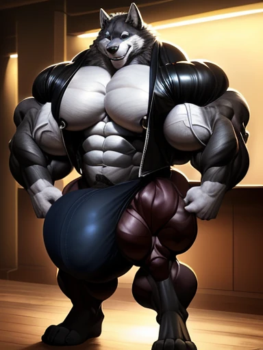 4k, high resolution, best quality, perfect lightning, perfect shadows, solo, anthro, young, boy, wolf, furry body, (fluffy mane:1.2), fluffy tail, male, adult, (bulky, thick muscles, huge muscles, hyper muscles:2.0), (thick biceps, veiny biceps, big broad veiny pecs, broad shoulders:1.1), (thick legs, thick calves:1.1), (digitigrade legs, 4 toes:1.2), (huge bulge, hyper bulge:2.0), perfect colors, (photorealistic fur, detailed fur, epic, masterpiece), (suggestive posing:1.2), (seductive smile, lustful grin 1.3), detailed modern bar, (black leather jacket, open jacket, tie, black shorts), detailed wolf eyes, by k0suna, by darkgem,nipple ring