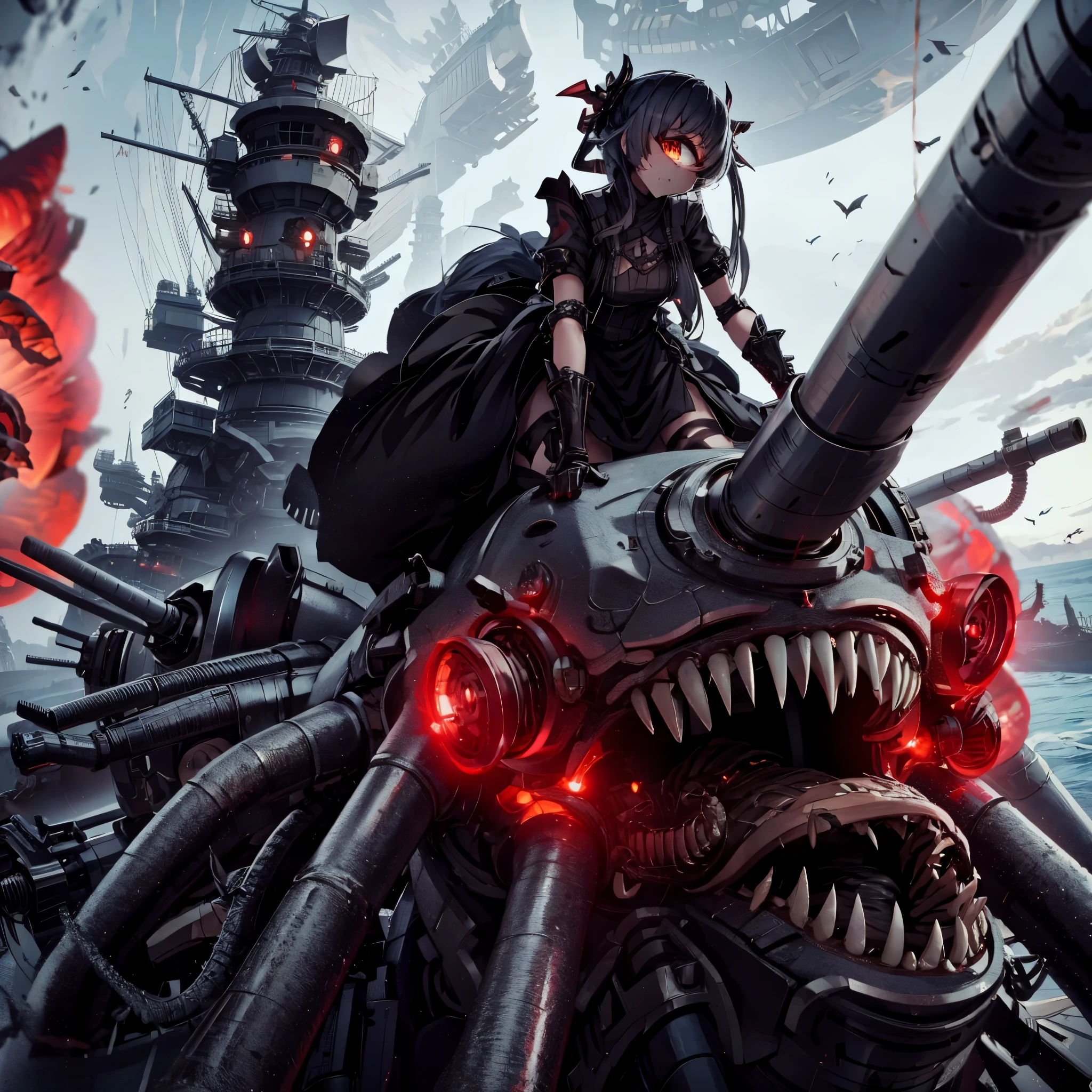 A girl crawling on top of a battleship. Cyclops girl. A turret baring her fangs. Gothic dress. abyssal fleet. Tentacles wrapped around the ship.