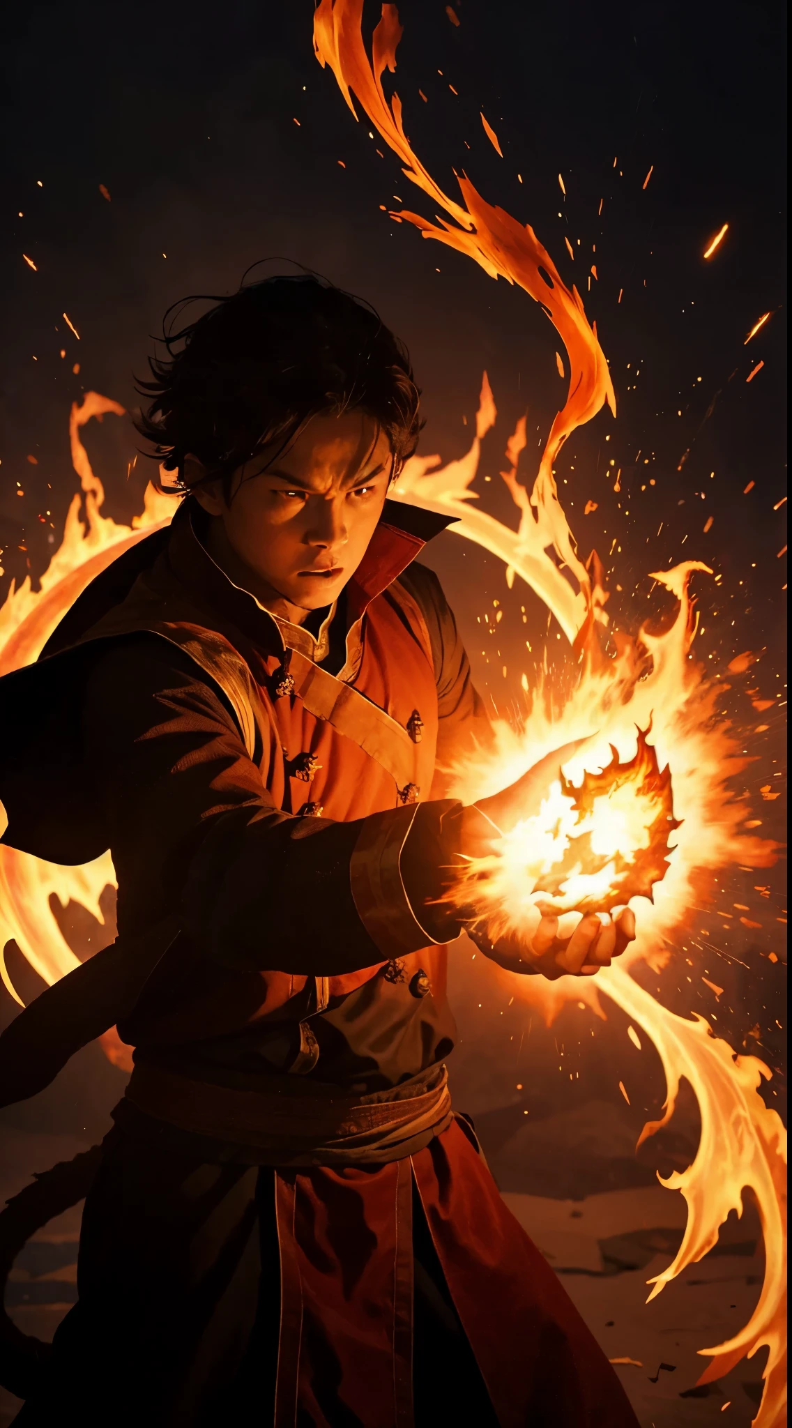 The shadow of a raging firebender, with flames spurting from their hands like dragon tongues, creating a depiction of uncontrollable power
