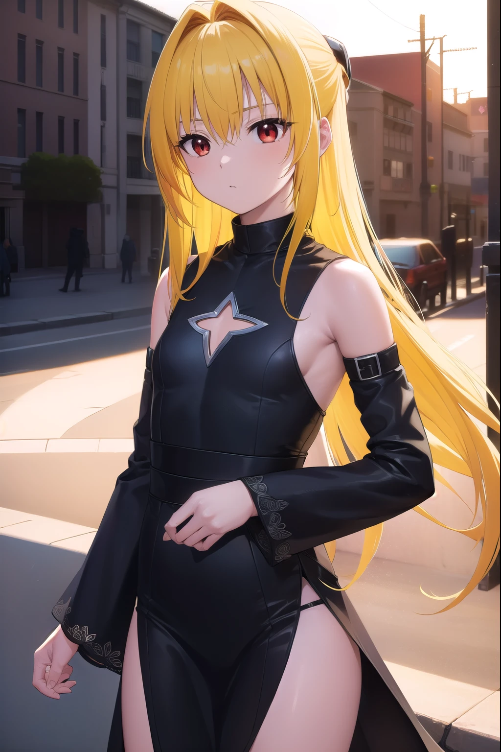 toloveruyami, yami, (yellow hair:1.5), long hair, (red eyes:1.5), hair ornament, (small chest:1.2), 
BREAK sleeveless, detached sleeves, dress, black dress, black skirt, clothing cutout, cleavage cutout,
BREAK outdoors, city,
BREAK looking at viewer, (cowboy shot:1.5),
BREAK (masterpiece:1.2), best quality, high resolution, unity 8k wallpaper, (illustration:0.8), (beautiful detailed eyes:1.6), extremely detailed face, perfect lighting, extremely detailed CG, (perfect hands, perfect anatomy),