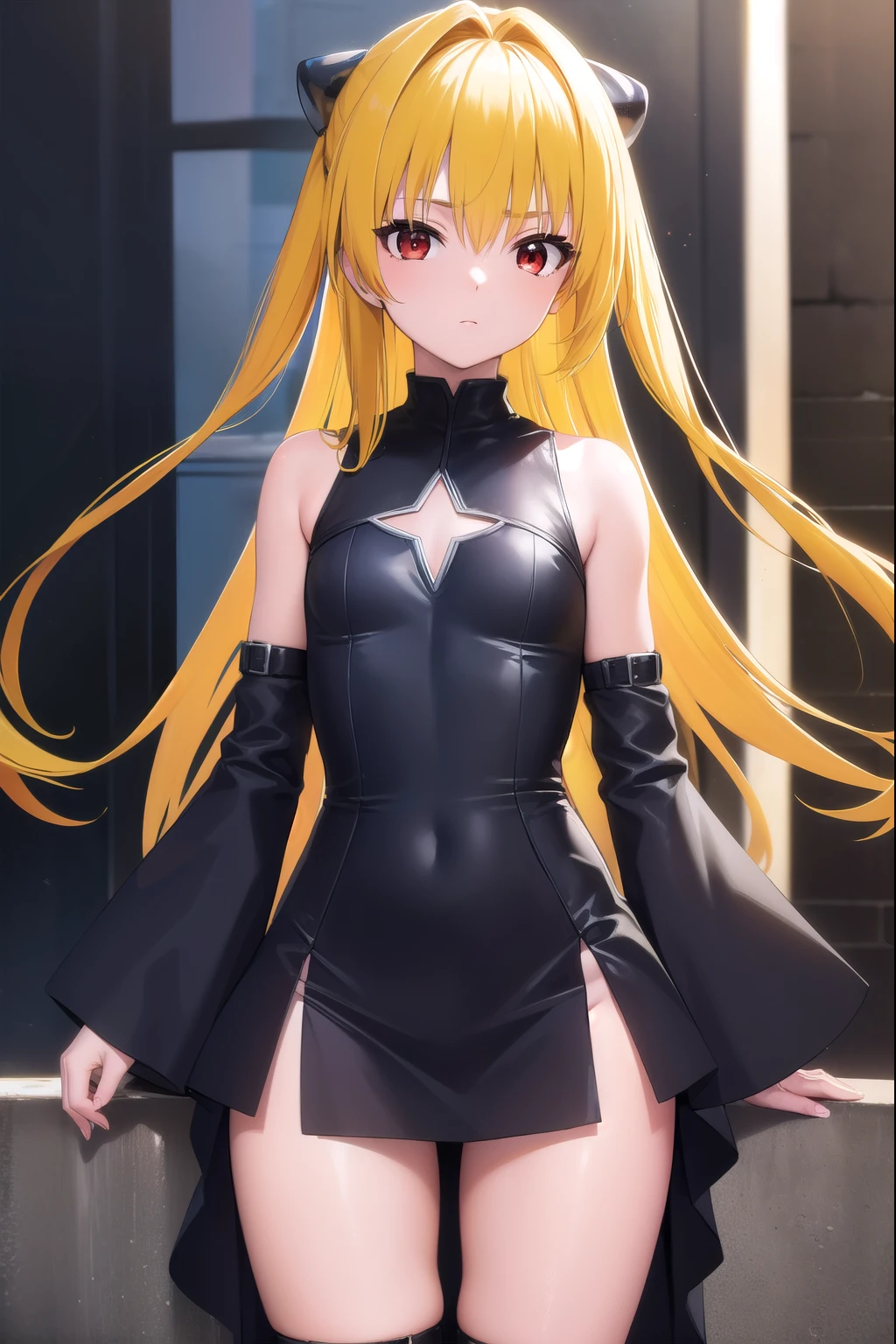 toloveruyami, yami, (yellow hair:1.5), long hair, (red eyes:1.5), hair ornament, (small chest:1.2), 
BREAK sleeveless, detached sleeves, dress, black dress, black skirt, clothing cutout, cleavage cutout,
BREAK outdoors, city,
BREAK looking at viewer, (cowboy shot:1.5),
BREAK (masterpiece:1.2), best quality, high resolution, unity 8k wallpaper, (illustration:0.8), (beautiful detailed eyes:1.6), extremely detailed face, perfect lighting, extremely detailed CG, (perfect hands, perfect anatomy),