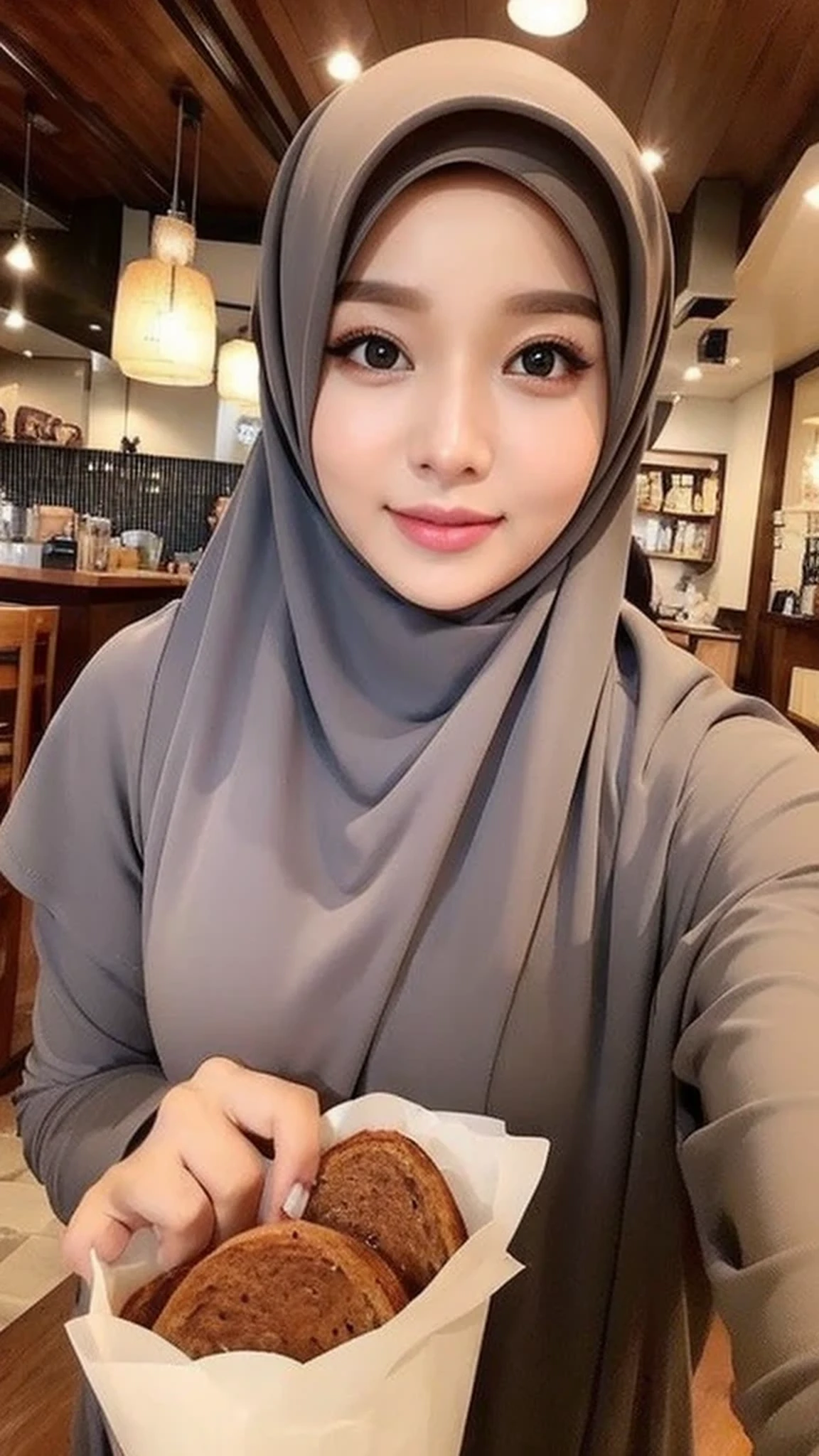 2 malay dark skin girl with pastel hijab seating and chatting at starbuck coffee, happily chat, nabila razali face, ((nabila razali)), laughing, happy hand gesture, beautiful realistic face, (laughing:0.7), malaysian, location: a cozy coffee shop with cool lighting and comfortable seating, insane details, intricate details, RAW photo, full body shot, best quality, masterpiece, high detail RAW color photo, malay girl, professional photograph, (realistic, photorealistic:1.37), (high detailed skin:1.2), high resolution, beautiful detailed eyes, bright cool color, detailed skin, mole below eyes, skin textured detailed