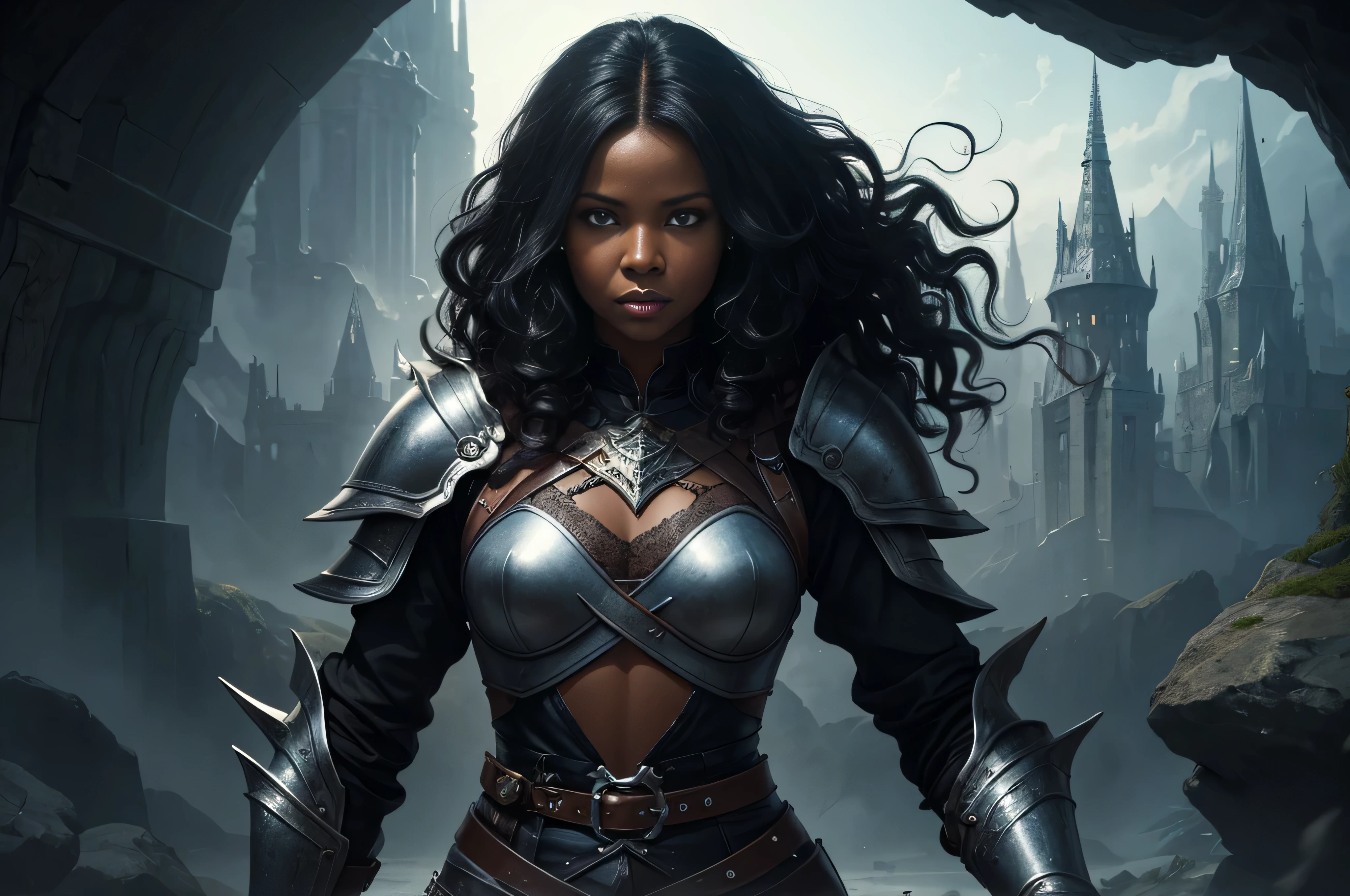 a middle-aged black skin woman who has long black hair that falls in curls to her shoulders. Her eyes are deep blue. She is strong and imposing, wearing leather armor (digital art, fantasy art, RPG art)
