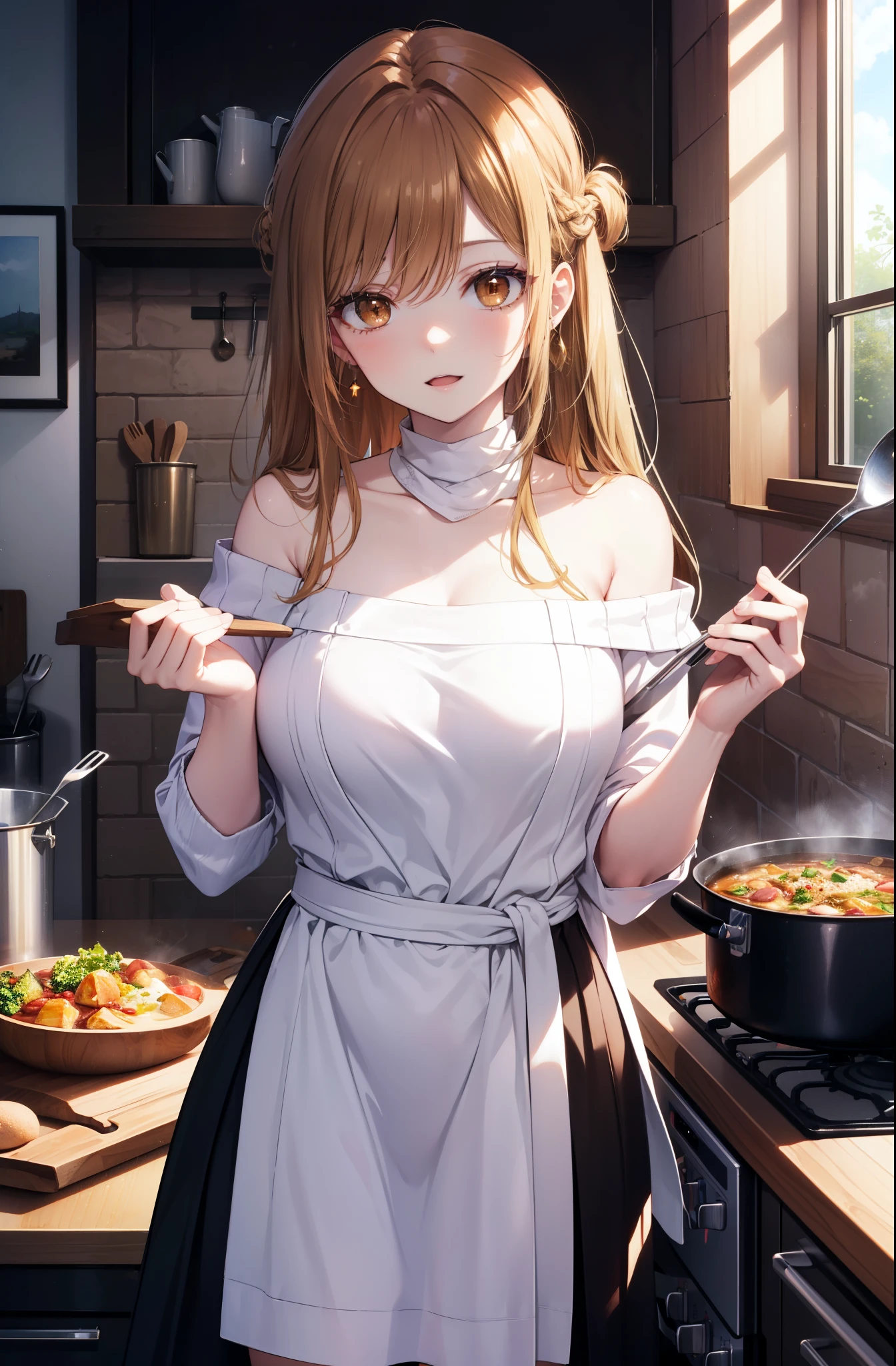 a sun ayuuki, Sun and Yuki, long hair, brown hair, (brown eyes:1.8),red面,smile,open your mouth, big breasts,white off shoulder sweater,bare shoulders,bare clavicle,naked neck,red,long skirt,pink apron,Cooking in the kitchen、Cook stew in a large pot,
break indoors, kitchen,キッチン
break looking at viewer, (cowboy shot:1.5),
break (masterpiece:1.2), highest quality, High resolution, unity 8k wallpaper, (shape:0.8), (beautiful and detailed eyes:1.6), highly detailed face, perfect lighting, Very detailed CG, (perfect hands, perfect anatomy),