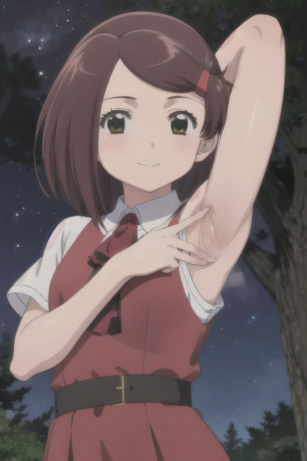 solo, 1girl, looking at viewer, flat colors, 2D, anime, anime coloring, closed mouth, small smile, solo, night sky, forest, {arms behind head}, contrapposto, spread armpits, ako suminoe, ascot, school uniform, smile, looking at viewer, upper body,