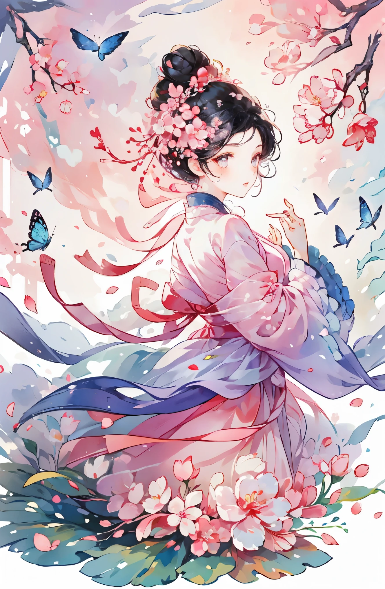 1 sister, alone, looking at the audience, Blushed, background with, black hair color hair, hair accessories, long sleeve, White background, Everlasting, Full body female love, flowers bloom, Cherry blossom pink, hair flower, bun, tassel,Step shake,Butterfly, masterpiece, recent quality, best details, clear facial features, beautiful eyes