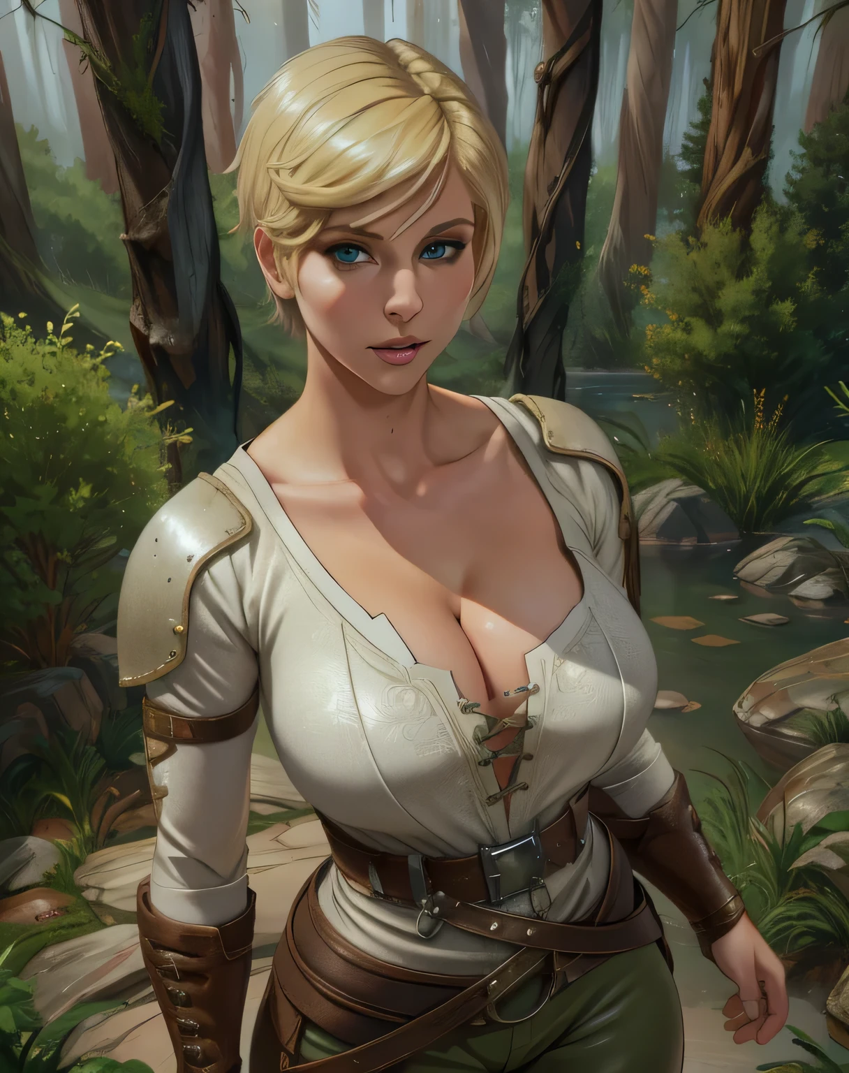 [artist:rizdraws], Ranger, blonde hair, blue eyes,  short hair, huge breasts, wide hips,
white shirt, leather armor, (cleavage), view from above,
 upper body, standing,  motion lines, 
forest, morning, 
(insanely detailed, beautiful detailed face,beautiful detailed eyes, masterpiece, best quality) 
 