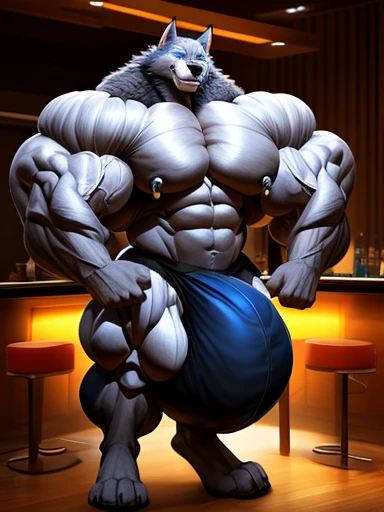 4k, high resolution, best quality, perfect lightning, perfect shadows, solo, anthro, young, boy, wolf, furry body, (fluffy mane:1.2), fluffy tail, male, adult, (bulky, thick muscles, huge muscles, hyper muscles:2.0), (thick biceps, veiny biceps, big broad veiny pecs：2.0, broad shoulders:1.1), (thick legs, thick calves:1.1), (digitigrade legs, 4 toes:1.2), (huge bulge, hyper bulge:2.0), perfect colors, (photorealistic fur, detailed fur, epic, masterpiece), (suggestive posing:1.2), (seductive smile, lustful grin 1.3), detailed modern bar, (black leather jacket, open jacket, tie, black shorts), detailed wolf eyes, by k0suna, by darkgem，nipple ring