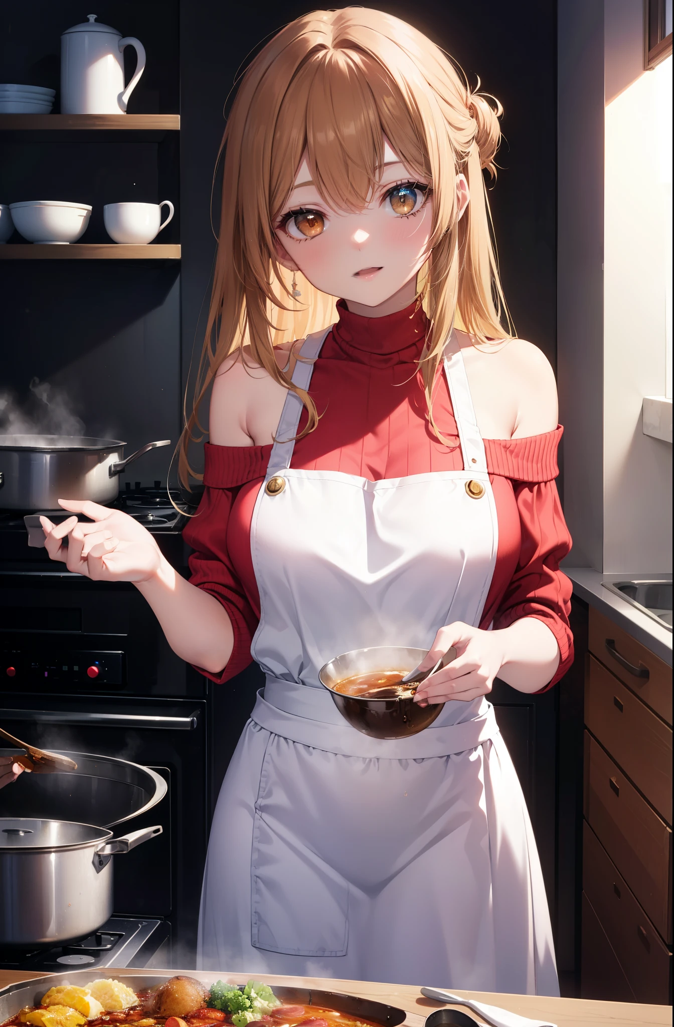 a sun ayuuki, a sun a yuuki, long hair, brown hair, (brown eyes:1.8),blush,smile,open your mouth, big breasts,white off shoulder sweater,bare shoulders,red,long skirt,Pink apron,Cooking in the kitchen、cook stew in a large pot,evening,sunset,
break indoors, kitchen,キッチン
break looking at viewer, (cowboy shot:1.5),
break (masterpiece:1.2), highest quality, High resolution, unity 8k wallpaper, (figure:0.8), (beautiful and fine eyes:1.6), highly detailed face, perfect lighting, Very detailed CG, (perfect hands, perfect anatomy),