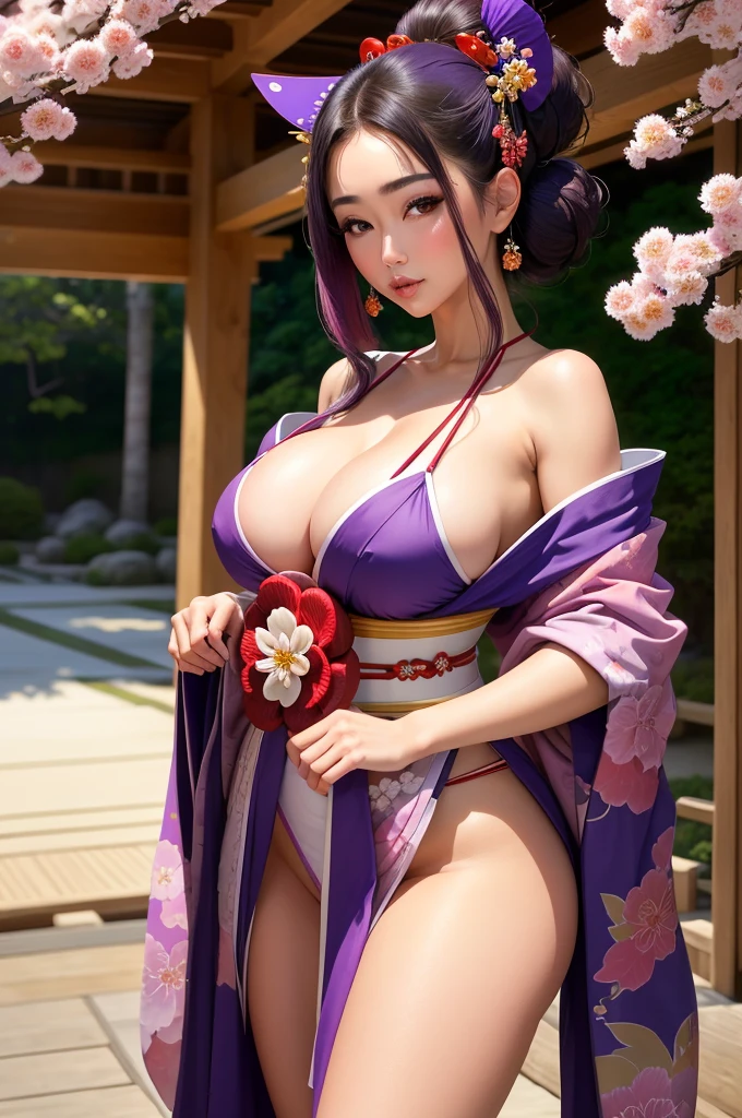 Obra maestra, Mejor calidad, 1 chica, japonesa, ojos violeta, rostros hermoso, senos gigantescos mostrando sus areolas oscuras, cabello recogido y peinado llamativo tipo geisha, kimono corto sexy dejando ver todo su cuerpo perfecto, mostrando su vagina, cuerpo entero, caderas anchas y cintura delgada, landscape sakura trees