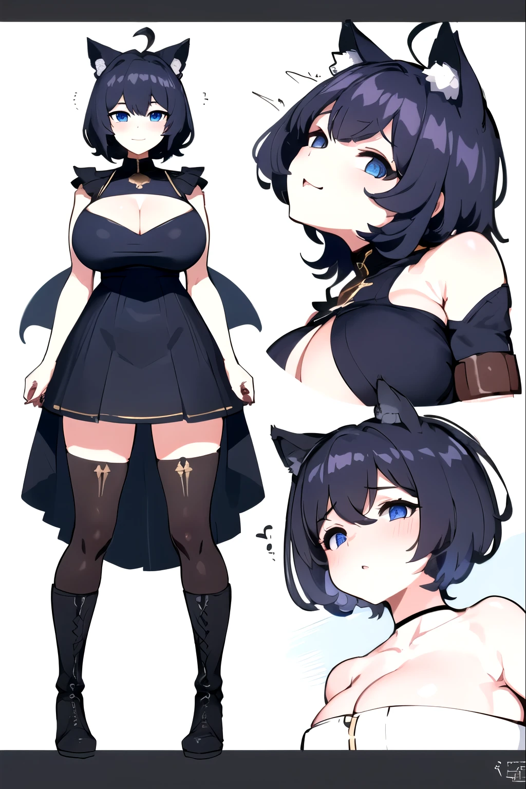 ,((upright)), ((arm at side)), looking at the viewer, simple background、white background, 1 girl, open your mouth, smile, Virtual YouTuber、with a girl、((highest quality, expensive_solve, clear_image)),(black hair), (black cat ears), (Ahoge), (ridiculously short hair), (wavy hair), (blue eyes),、laughter、very big breasts、whole body、Draw to the toes、I put boots on my feet、cleavage visible、dressed in military uniform、Reference sheet、((show viewer))。