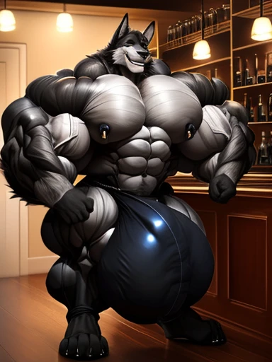 4k, high resolution, best quality, perfect lightning, perfect shadows, solo, anthro, young, boy, wolf, furry body, (fluffy mane:1.2), fluffy tail, male, adult, (bulky, thick muscles, huge muscles, hyper muscles:2.0), (thick biceps, veiny biceps, big broad veiny pecs, broad shoulders:1.1), (thick legs, thick calves:1.1), (digitigrade legs, 4 toes:1.2), (huge bulge, hyper bulge:2.0), perfect colors, (photorealistic fur, detailed fur, epic, masterpiece), (suggestive posing:1.2), (seductive smile, lustful grin 1.3), detailed modern bar, (black leather jacket, open jacket, tie, black shorts), detailed wolf eyes, by k0suna, by darkgem，nipple ring