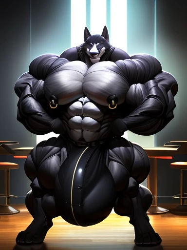 4k, high resolution, best quality, perfect lightning, perfect shadows, solo, anthro, young, boy, wolf, furry body, (fluffy mane:1.2), fluffy tail, male, adult, (bulky, thick muscles, huge muscles, hyper muscles:2.0), (thick biceps, veiny biceps, big broad veiny pecs, broad shoulders:1.1), (thick legs, thick calves:1.1), (digitigrade legs, 4 toes:1.2), (huge bulge, hyper bulge:2.0), perfect colors, (photorealistic fur, detailed fur, epic, masterpiece), (suggestive posing:1.2), (seductive smile, lustful grin 1.3), detailed modern bar, (black leather jacket, open jacket, tie, black shorts), detailed wolf eyes, by k0suna, by darkgem，nipple ring