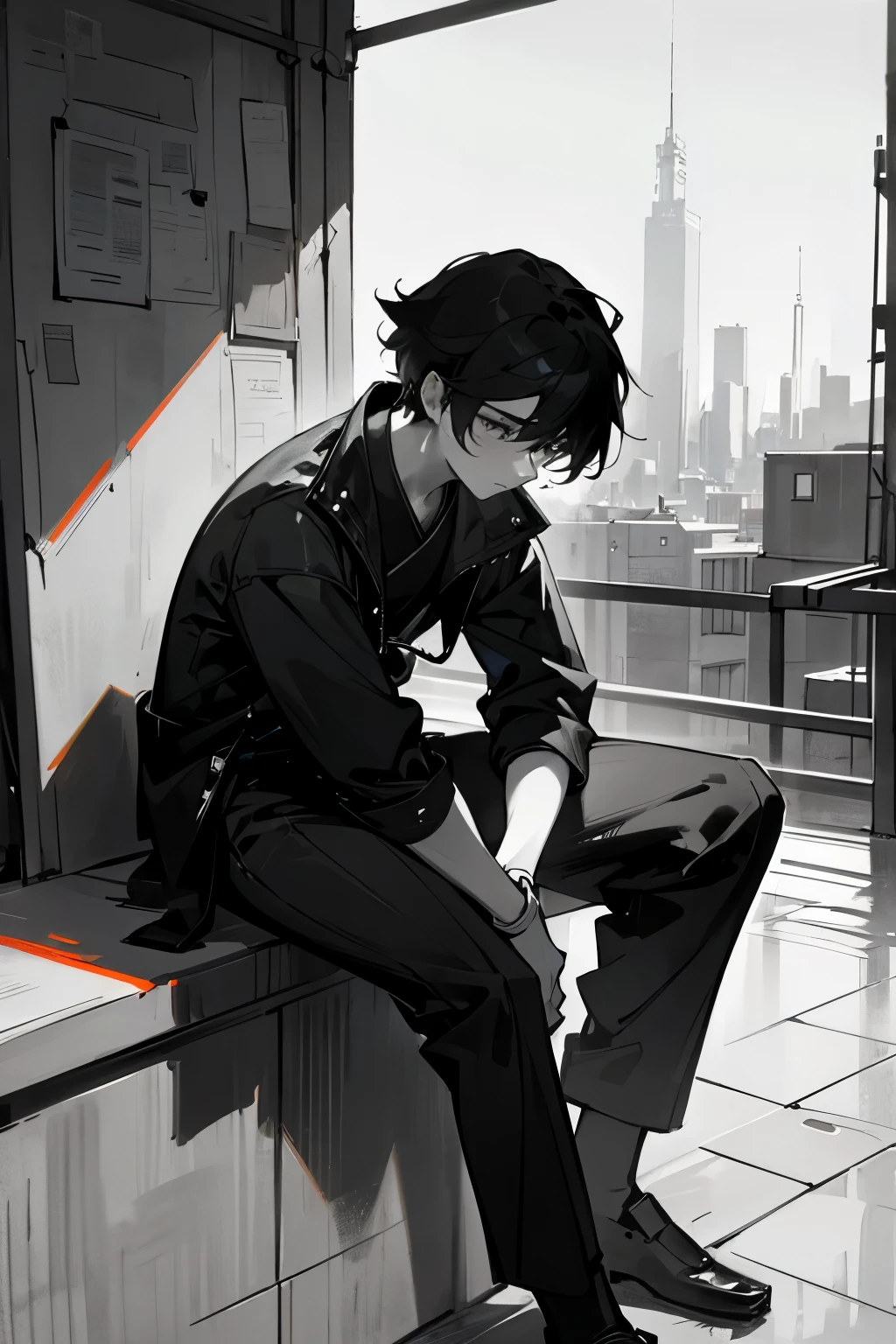 1 Male, teenager male, An artist, Sitting on a platform, monochrome background city, Stunning light from distant brightens the scene, paintbrush, Casts a deep shadow on the clothes, masterpiece, monochrome