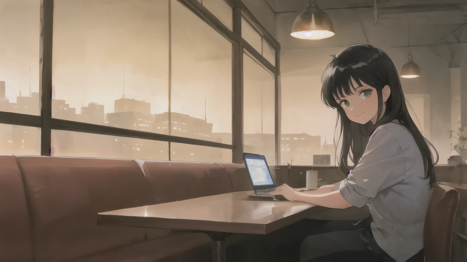 retro artstyle, watercolor, beautiful, masterpiece, best quality, detailed face, perfect lighting,
1girl, solo,cute ,Mature ,beautiful woman , smile,(closed mouth:1.1) , long black hair, messy bangs, at the coffee shop, Cityscape at night, large windows, I'm looking at my computer.