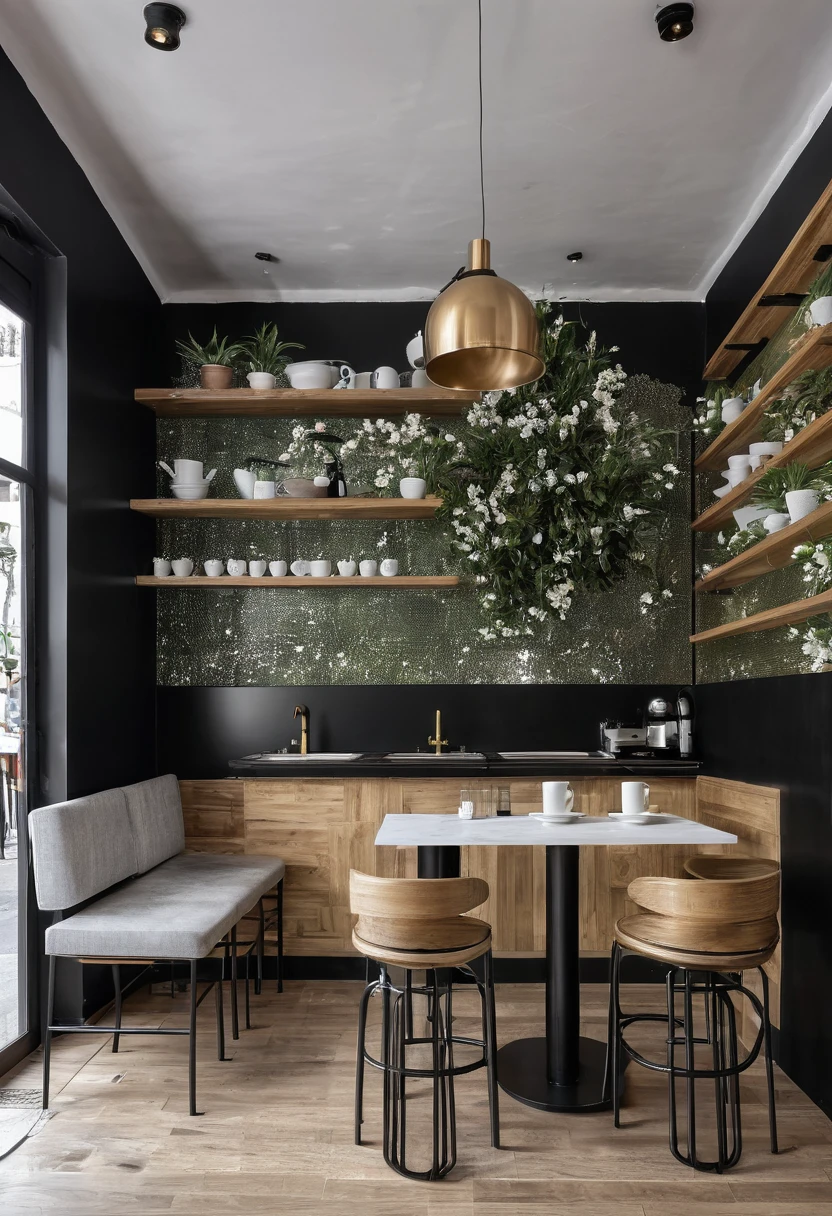 Interior of an aesthetic cafe, tonos dorado, blanco y negro, color madera, con 4 mesas, barra e interior para cocina cerrada, photo area, con flores y en las paredes, realista, con pisos brillantes, techo alto, muebles de madera y metal.