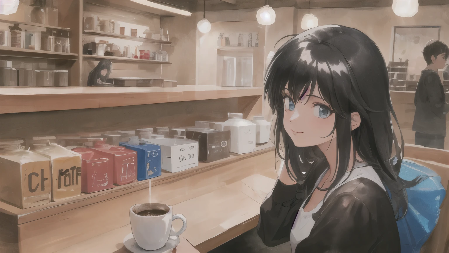 retro artstyle, watercolor, beautiful, masterpiece, best quality, detailed face, perfect lighting,
1girl, solo,cute ,Mature ,beautiful woman , smile,(closed mouth:1.1) , long black hair, messy bangs, at the coffee shop, Cityscape at night, large windows, I'm looking at my computer.