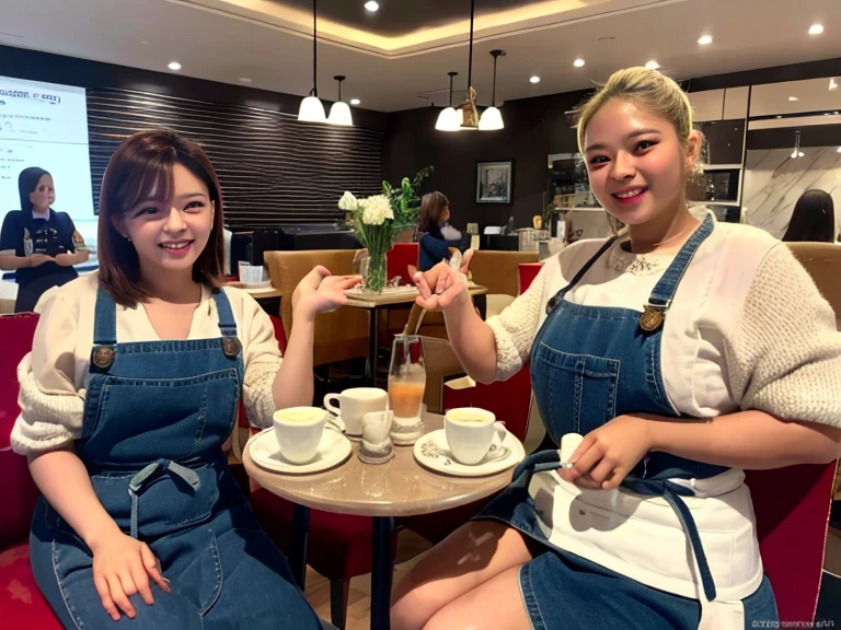 (best quality,4k,8k,highres,masterpiece:1.2),ultra-detailed,(realistic,photorealistic,photo-realistic:1.37),2girls:1.4,jeongyeonlorashy,two girl baristas serving coffee,half body,super detailed,ultra HD,high quality,extremely detailed,accurate faces,coffee cups,espresso machine,vibrant and cozy cafe,artistic aprons,delicate latte art,playful expressions,flawless skin,fine facial features,softly curled hair,warm lighting,rich color palette,bokeh accents,tantalizing aroma,leisurely atmosphere,meticulously brewed coffee,interacting with customers,friendly smiles,relaxing jazz music,inviting seating area,moderately busy cafe,scrumptious pastries,beautifully decorated cakes,pleasant conversation,budding friendship,trendy and stylish decor,elegant hand gestures,steaming coffee mugs,coffee beans in grinder,graceful movements,moment of shared laughter,memorable ambiance