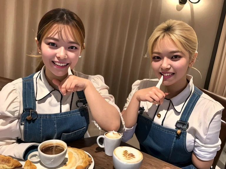 (best quality,4k,8k,highres,masterpiece:1.2),ultra-detailed,(realistic,photorealistic,photo-realistic:1.37),2girls:1.4,jeongyeonlorashy,two girl baristas serving coffee,half body,super detailed,ultra HD,high quality,extremely detailed,accurate faces,coffee cups,espresso machine,vibrant and cozy cafe,artistic aprons,delicate latte art,playful expressions,flawless skin,fine facial features,softly curled hair,warm lighting,rich color palette,bokeh accents,tantalizing aroma,leisurely atmosphere,meticulously brewed coffee,interacting with customers,friendly smiles,relaxing jazz music,inviting seating area,moderately busy cafe,scrumptious pastries,beautifully decorated cakes,pleasant conversation,budding friendship,trendy and stylish decor,elegant hand gestures,steaming coffee mugs,coffee beans in grinder,graceful movements,moment of shared laughter,memorable ambiance