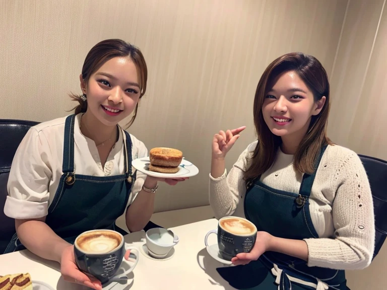 (best quality,4k,8k,highres,masterpiece:1.2),ultra-detailed,(realistic,photorealistic,photo-realistic:1.37),2girls:1.4,jeongyeonlorashy,two girl baristas serving coffee,half body,super detailed,ultra HD,high quality,extremely detailed,accurate faces,coffee cups,espresso machine,vibrant and cozy cafe,artistic aprons,delicate latte art,playful expressions,flawless skin,fine facial features,softly curled hair,warm lighting,rich color palette,bokeh accents,tantalizing aroma,leisurely atmosphere,meticulously brewed coffee,interacting with customers,friendly smiles,relaxing jazz music,inviting seating area,moderately busy cafe,scrumptious pastries,beautifully decorated cakes,pleasant conversation,budding friendship,trendy and stylish decor,elegant hand gestures,steaming coffee mugs,coffee beans in grinder,graceful movements,moment of shared laughter,memorable ambiance