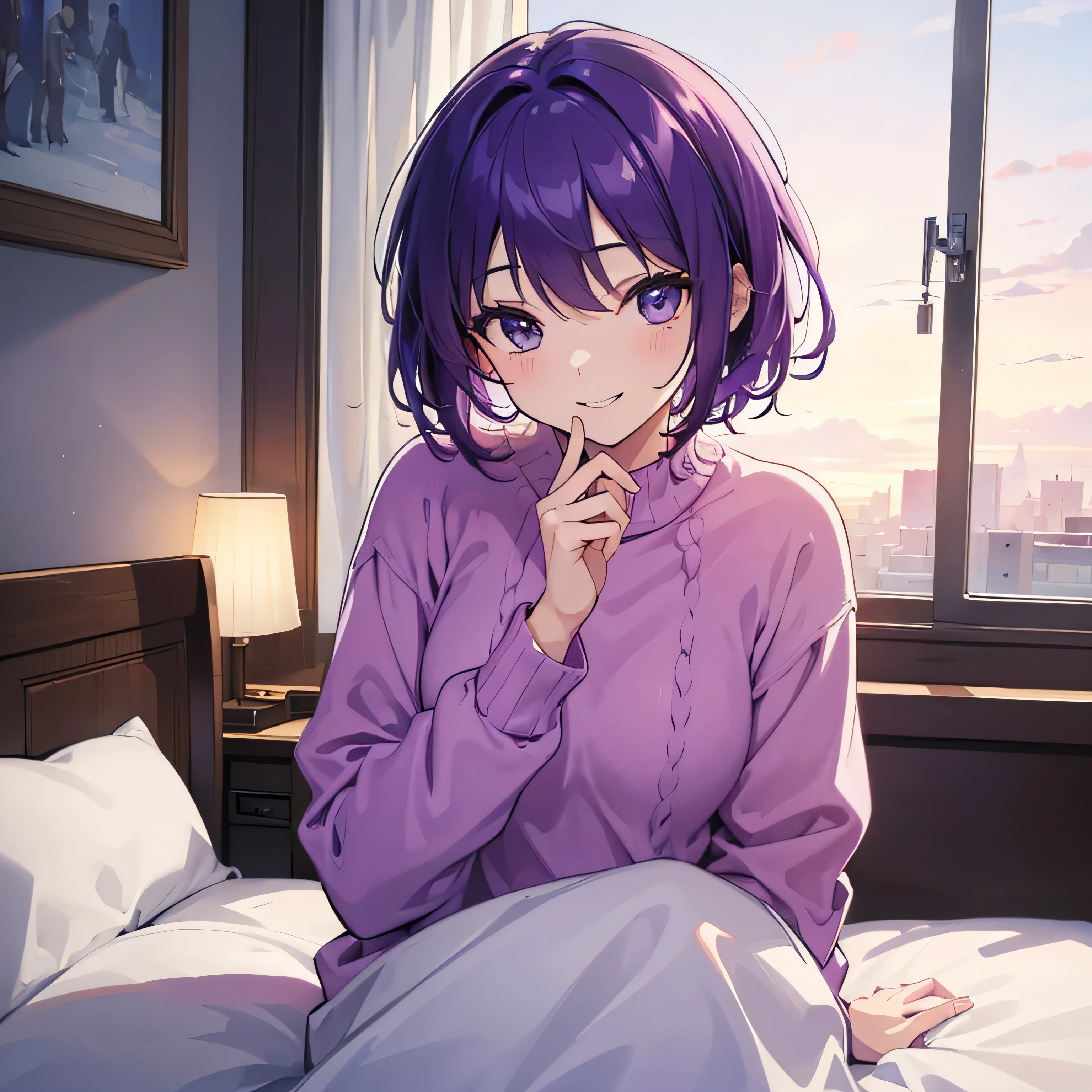 sad girl with purple hair in home