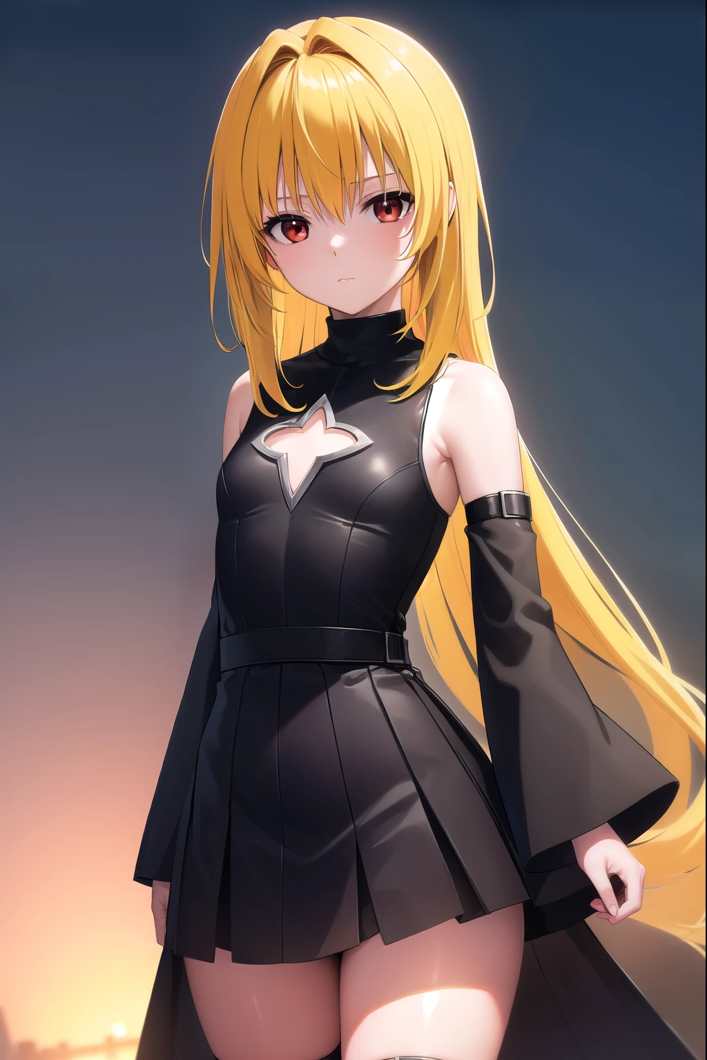 toloveruyami, yami, (yellow hair:1.5), long hair, (red eyes:1.5), hair ornament, (small chest:1.2), 
BREAK sleeveless, detached sleeves, dress, black dress, black skirt, clothing cutout, cleavage cutout,
BREAK outdoors, city,
BREAK looking at viewer, (cowboy shot:1.5),
BREAK (masterpiece:1.2), best quality, high resolution, unity 8k wallpaper, (illustration:0.8), (beautiful detailed eyes:1.6), extremely detailed face, perfect lighting, extremely detailed CG, (perfect hands, perfect anatomy),