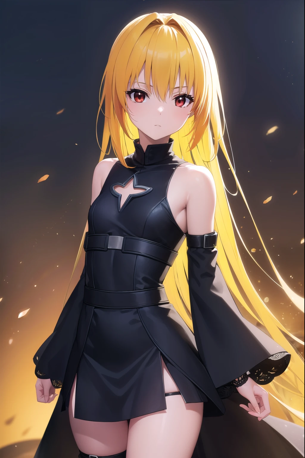 toloveruyami, yami, (yellow hair:1.5), long hair, (red eyes:1.5), hair ornament, (small chest:1.2),
BREAK sleeveless, detached sleeves, dress, black dress, black skirt, clothing cutout, cleavage cutout,
BREAK outdoors, city,
BREAK looking at viewer, (cowboy shot:1.5),
BREAK (masterpiece:1.2), best quality, high resolution, unity 8k wallpaper, (illustration:0.8), (beautiful detailed eyes:1.6), extremely detailed face, perfect lighting, extremely detailed CG, (perfect hands, perfect anatomy),