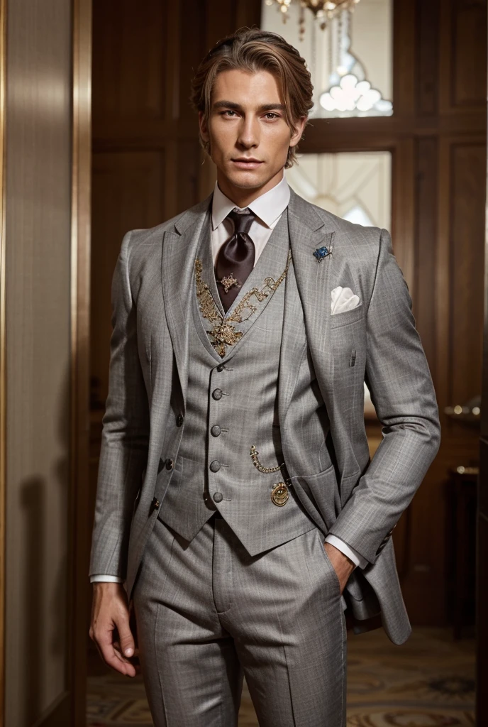 Fit earth genasi with a tall, muscular build and a blonde complexion dons a Victorian noble outfit. His attire, intricately designed with elegant patterns and rich fabrics, covers his body completely, preventing any nudity. His ruggedly handsome features, accentuated by his greyish skin tone typical of an earth genasi, warrant admiration from all. His outfit consists of a tailored suit with perfectly fitted trousers, a crisp shirt, and a formal waistcoat, all adorned with precious gemstones and intricate embroidery. His grey eyes stand out against his tanned complexion, adding to his commanding presence. The clothes he wears are neat