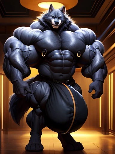 4k, high resolution, best quality, perfect lightning, perfect shadows, solo, anthro, young, boy, wolf, furry body, (fluffy mane:1.2), fluffy tail, male, adult, (bulky, thick muscles, huge muscles:2.0, hyper muscles:2.0), (thick biceps, veiny biceps, big broad veiny pecs, broad shoulders:1.1), (thick legs, thick calves:1.1), (digitigrade legs, 4 toes:1.2), (huge bulge, hyper bulge:2.0), perfect colors, (photorealistic fur, detailed fur, epic, masterpiece), (suggestive posing:1.2), (seductive smile, lustful grin 1.3), detailed modern bar, (black leather jacket, open jacket, tie, black shorts), detailed wolf eyes, by k0suna, by darkgem，nipple ring