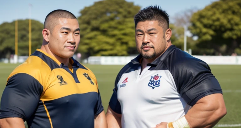 (wearing rugby uniform:1.4), (at rugby ground:1.2), 40's, Japanese man, Chinese man, Korean man, Taiwanese man, manly face, fat face, (round face:1.4), (monolid eyes:1.2), (buzz cut:1.4), very large and strong body, bulky body, beefy muscles, (bulging muscles:1.4), (very large pectoral muscles:1.4), (muscular arms:1.4), muscular abs, muscular legs, muscular back, brightens oily skin, master piece, (realistic:1.4), panorama, distant view