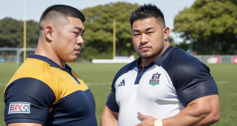(facing each other:1.2), (kissing:1.2), (rugby uniform:1.2), (inside club locker room:1.2), Japanese man, Chinese man, Korean man, Taiwanese man, manly face, (round face:1.2), (monolid eyes:1.2), (buzz cut:1.4), very large and strong body, bulging muscles, very large pectoral muscles, muscular arms, muscular abs, muscular legs, muscular back, brightens oily skin, master piece, realistic, panorama, distant view