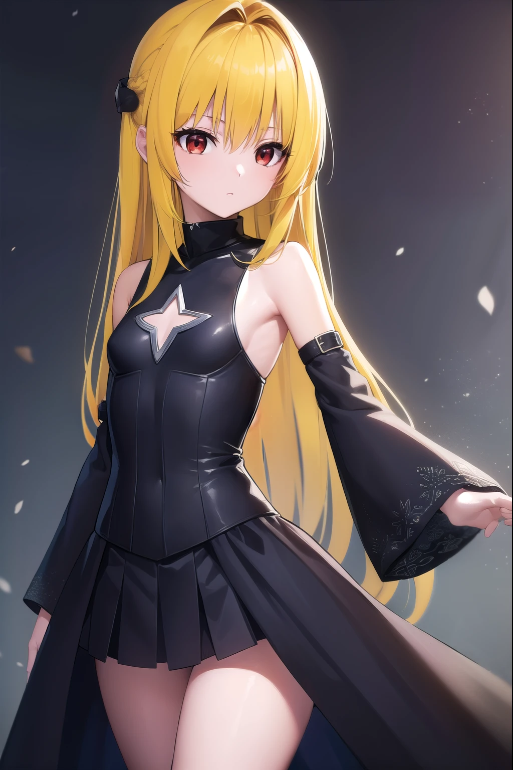 toloveruyami, yami, (yellow hair:1.5), long hair, (red eyes:1.5), hair ornament, (small chest:1.2), 
BREAK sleeveless, detached sleeves, dress, black dress, black skirt, clothing cutout, cleavage cutout,
BREAK outdoors, city,
BREAK looking at viewer, (cowboy shot:1.5),
BREAK (masterpiece:1.2), best quality, high resolution, unity 8k wallpaper, (illustration:0.8), (beautiful detailed eyes:1.6), extremely detailed face, perfect lighting, extremely detailed CG, (perfect hands, perfect anatomy),